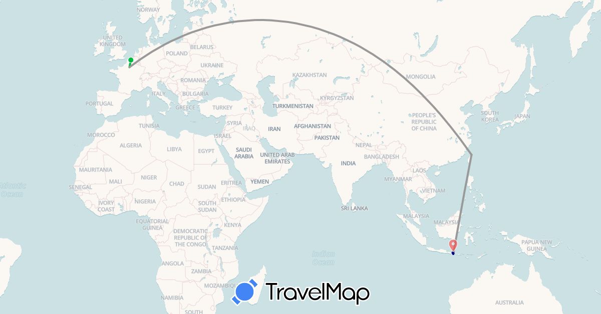 TravelMap itinerary: driving, bus, plane, hiking in France, Indonesia, Taiwan (Asia, Europe)